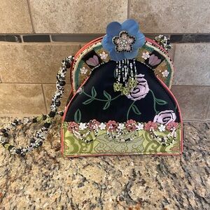 Mary Frances black floral bag with beaded strap